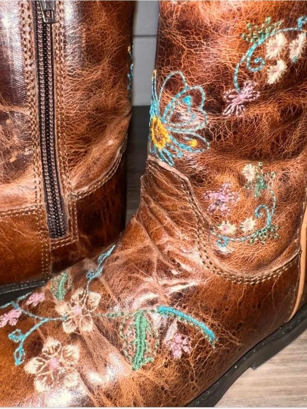 Kids Brown Embroidered Leather Boots - Floral Detail
